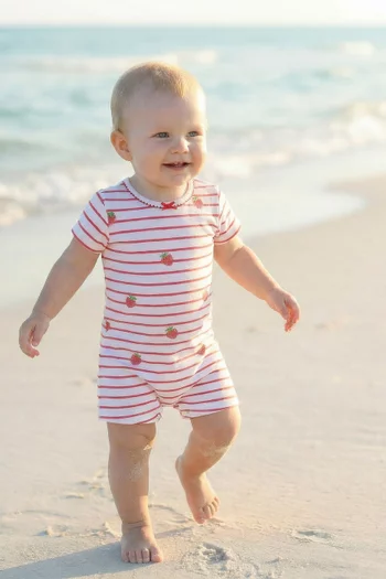 Raspberry Stripe Romper in Bamboo & Cotton
