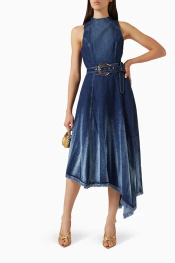 Asymmetrical Belted Midi Dress in Denim