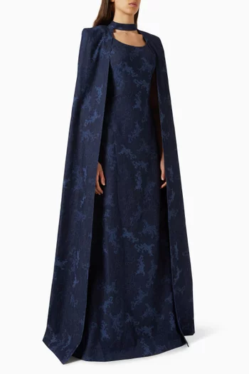 Printed Cape Maxi Dress in Denim