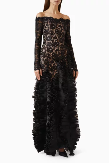 Off-shoulder Embroidered Gown in Lace