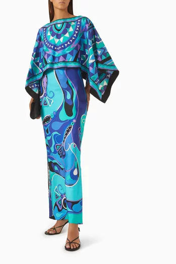 Orchidee-print Cape Dress in Silk Twill