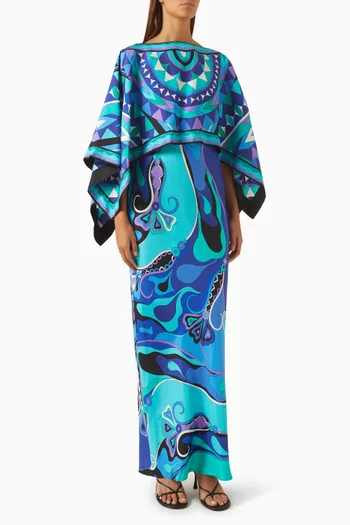 Orchidee-print Cape Dress in Silk Twill