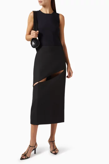 Diagonal Cut-out Midi Skirt in Wool-blend