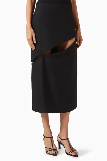 Diagonal Cut-out Midi Skirt in Wool-blend