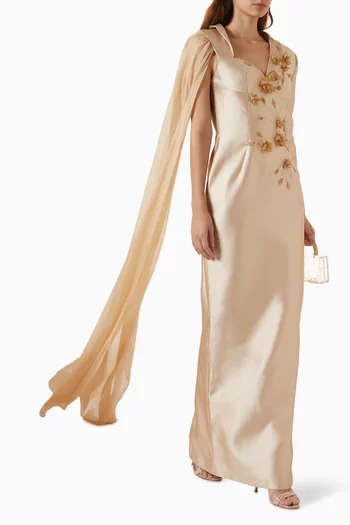 Theodora Cape Floral Gown in Taffeta & Silk