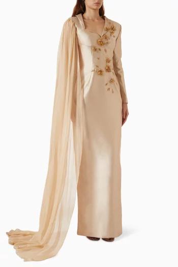 Theodora Cape Floral Gown in Taffeta & Silk