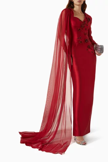Theodora Cape Floral Gown in Taffeta & Silk