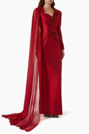 Theodora Cape Floral Gown in Taffeta & Silk
