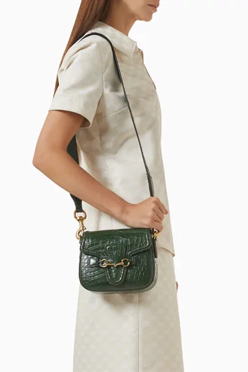 Small Lady Web Shoulder Bag in Croc-embossed Leather