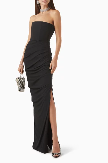Strapless Tucked Column Gown in Stretch Mesh