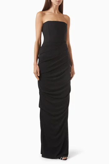 Strapless Tucked Column Gown in Stretch Mesh