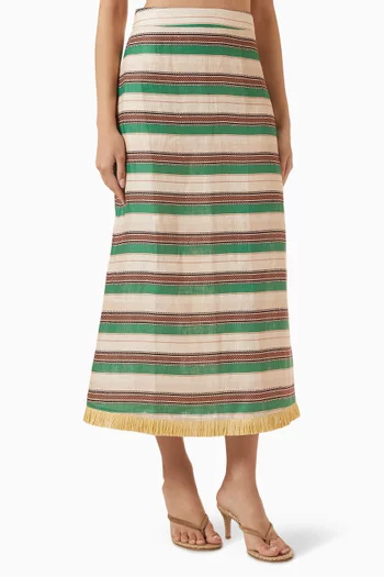 Artisanal Striped Midi Skirt in Linen