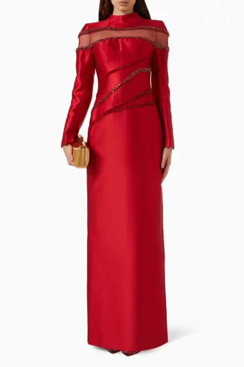 Embellished Mesh-panel Maxi Dress in Satin