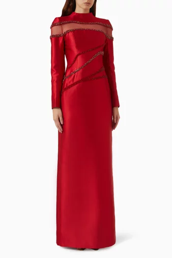 Embellished Mesh-panel Maxi Dress in Satin