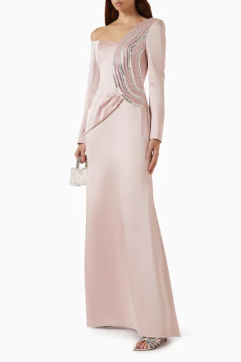 Embellished-trim Asymmetrical Maxi Dress in Satin