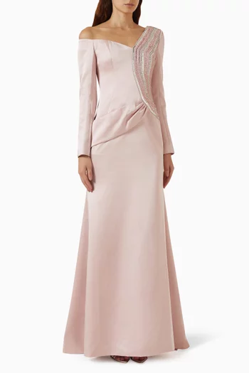 Embellished-trim Asymmetrical Maxi Dress in Satin