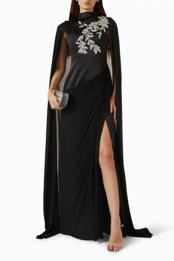 Embellished Cape-style Maxi Dress in Satin