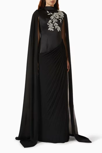 Embellished Cape-style Maxi Dress in Satin
