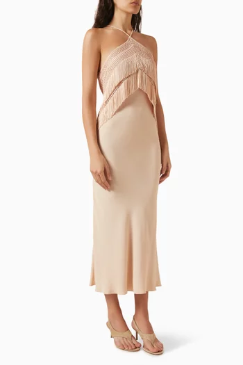 Reina Fringed Midi Dress in Crepe De Chine