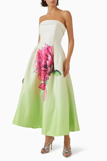 Elisia Floral Strapless Midi Dress in Satin
