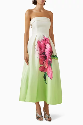 Elisia Floral Strapless Midi Dress in Satin