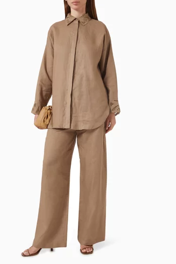 Button-up Embroidered Co-ord Set in Linen