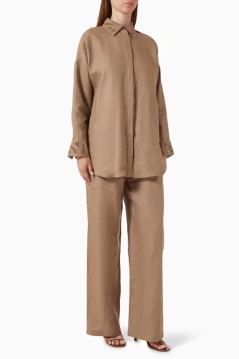 Button-up Embroidered Co-ord Set in Linen