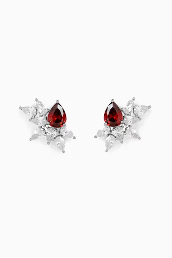 Pear Half Burst CZ Earrings in Rhodium-plated Brass
