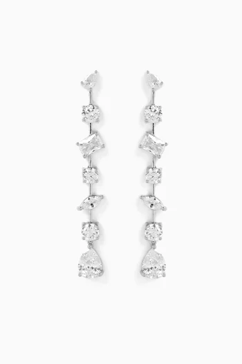 Multi Shape CZ Bar Spaced Linear Earrings in Rhodium-plated Brass