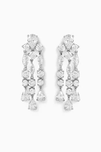 Multishape CZ 3 Row Drop Fringe Earrings in Rhodium-plated Brass