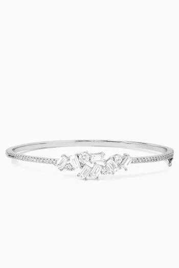 Multi Baguette & Round Cluster Pavé Hinged Bangle in Rhodium-plated Brass