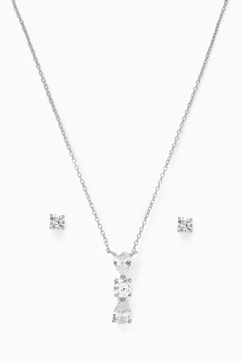 Triple CZ Necklace & Stud Set in Rhodium-plated Brass