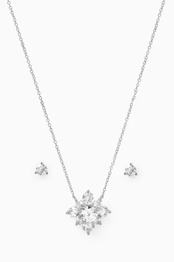Cluster Necklace & Stud Set in Rhodium-plated Brass