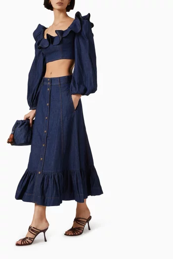 Aster Frill Midi Skirt in Denim