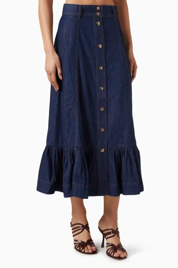 Aster Frill Midi Skirt in Denim