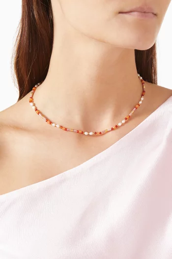 Beaded Gemstone & Pearl Necklace in 18kt Gold-plated Brass