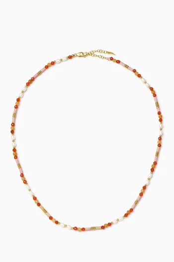 Beaded Gemstone & Pearl Necklace in 18kt Gold-plated Brass