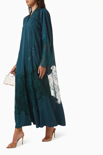 Thread Embroidered Lace Panel Abaya in Nada