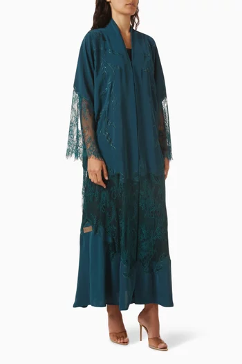 Thread Embroidered Lace Panel Abaya in Nada