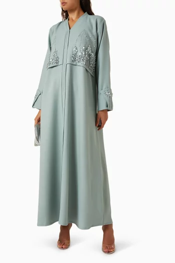 Tonal Thread & Bead-embroidered Abaya in Linen