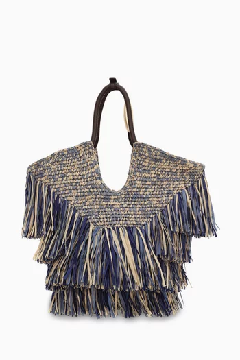 Small Goldentime Fringe Tote Bag in Raffia