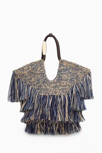 Small Goldentime Fringe Tote Bag in Raffia