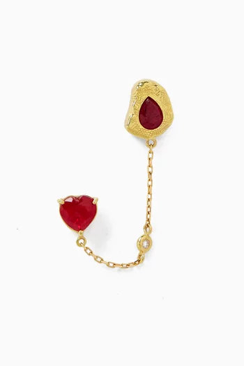 Double Piercing Heart & Round-cut Ruby Earring in 18kt Gold