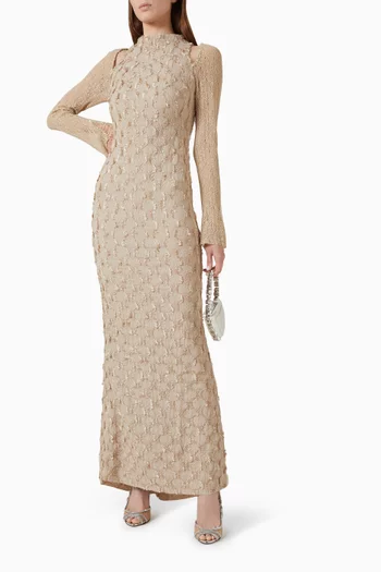 Feather-trim Gown in Crochet Knit