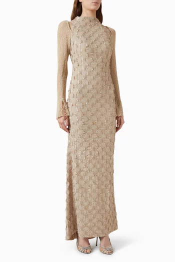 Feather-trim Gown in Crochet Knit