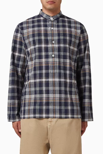 Madras Check Mandarin Collar Popover Shirt in Cotton