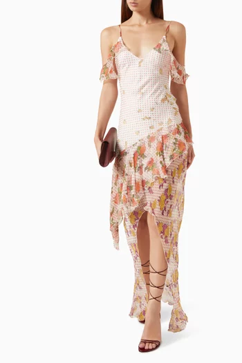 Pajaritos Y Rosas Long Dress in Silk Chiffon