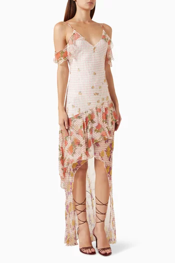 Pajaritos Y Rosas Long Dress in Silk Chiffon