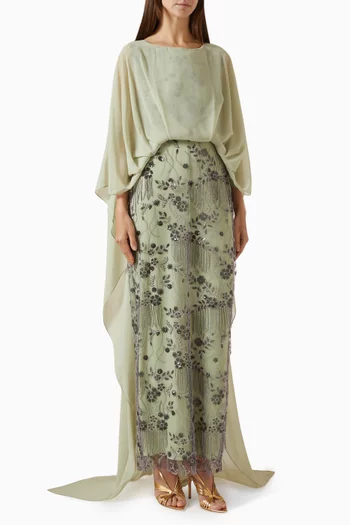 Embellished Cape Dress in Tulle & Chiffon