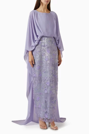 Embellished Cape Dress in Tulle & Chiffon